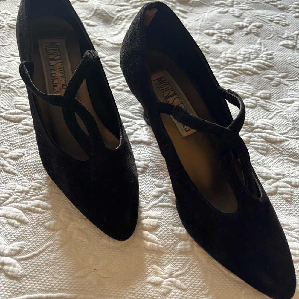 Elegant Vintage Black Suede Heels with Strap by Mootsies Tootsies
